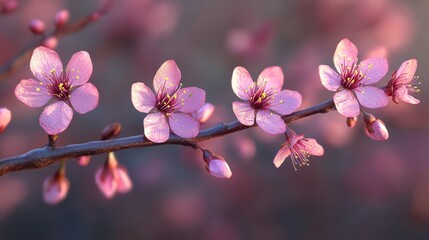 Obraz premium Close-up of pink cherry blossoms on a branch in springtime bloom