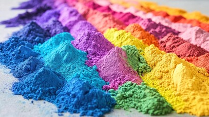 Fototapeta premium An artistic display of powdered pigments in vibrant rainbow colors, spread dynamically across a clean surface to inspire creativity