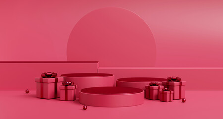 Empty Pink podium with gift box on pink background, showcase product, love, valentine's day, promotion and discount concept. 3d render
