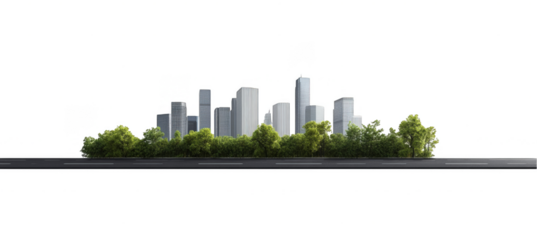 Highway with city skyline and trees in background