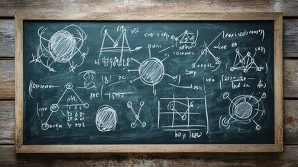 Chalkboard with abstract mathematical diagrams and formulas in white chalk