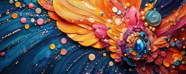 Colorful artistic abstract composition with vibrant feathers and decorative elements