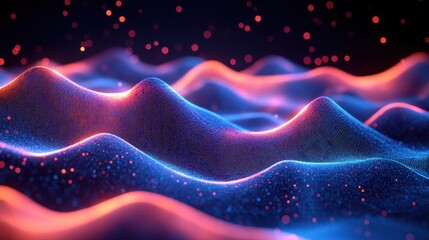 Abstract neon waves with glowing particles in a vibrant fantasy landscape