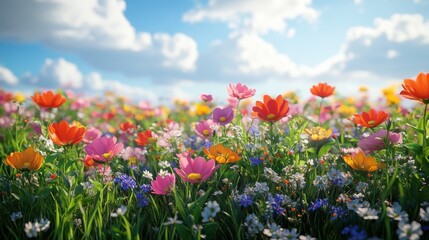 Obraz premium Colorful wildflower meadow under a blue sky with fluffy clouds