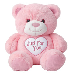 A pink teddy bear with a white heart on its chest and the words "Just For You" embroidered in pink, in a realistic style png