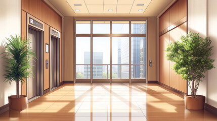 Fototapeta premium Realistic hallway interior with large windows and two closed elevators. Vector illustration of modern school, clinic, hotel, office, shopping mall or hospital corridor in wooden brown and white colors