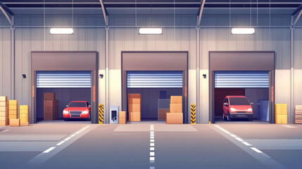 Garage doors, commercial hangar entrances with roller shutters and signs. Warehouse close, open boxes, Realistic 3d vector storage for car parking or rent, rooms for repair service with metal doorways