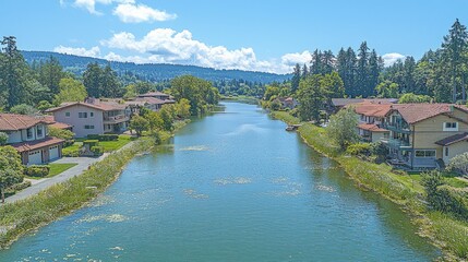 Obraz premium Waterfront homes, sunny canal, green hills, summer day, real estate