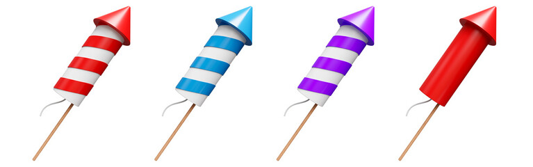 White and Red, Blue, purple firework rocket isolated on white background, 3d render