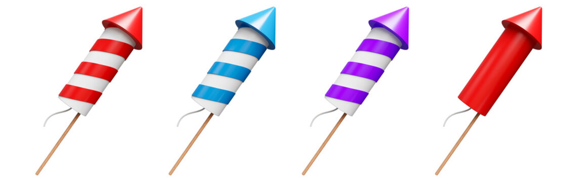 White and Red, Blue, purple firework rocket isolated on white background, 3d render