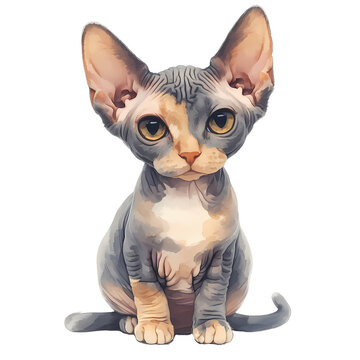 Adorable Sphynx kitten with striking yellow eyes.  Grey and tan furless body, sitting calmly.