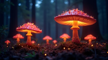 photo of glowing fly agarics in the forest, bottom-up view