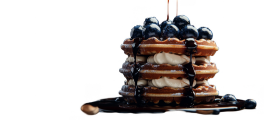 Waffles with cream and blueberries drizzled in cho te