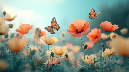 Obraz premium Butterflies fluttering among vibrant orange and yellow poppies in bloom