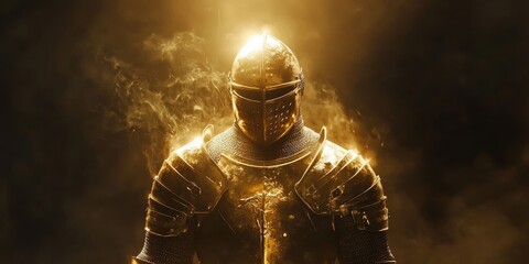 Golden knight in shining armor, smoke and light.