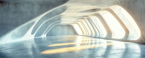 Modern architecture with curved design and sunlight reflections in empty space