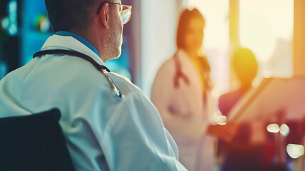 "Modern Medical Consultation: Back View of Doctor in White Coat and Glasses Consulting Patient in Warm Atmosphere with Morning Sunlight Streaming Through Windows"