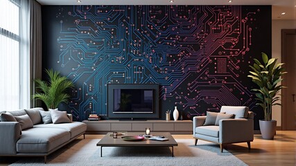An image of a living room with a microchip instead of a wall