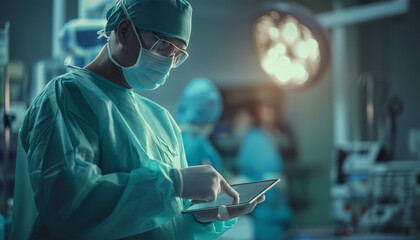 "Digital Surgical Innovation: Portrait of Surgeon in Green Scrubs and Medical Mask Using Tablet in Operating Room with Surgical Lights and Medical Team in Background"
