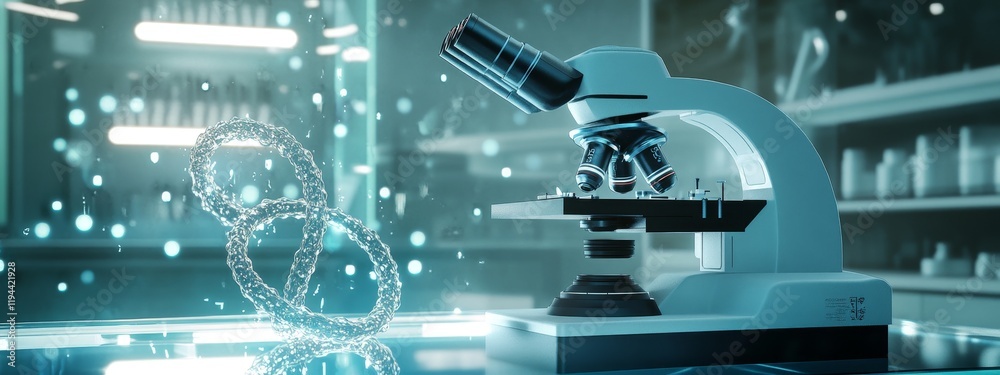 Poster dna helix near microscope in lab.