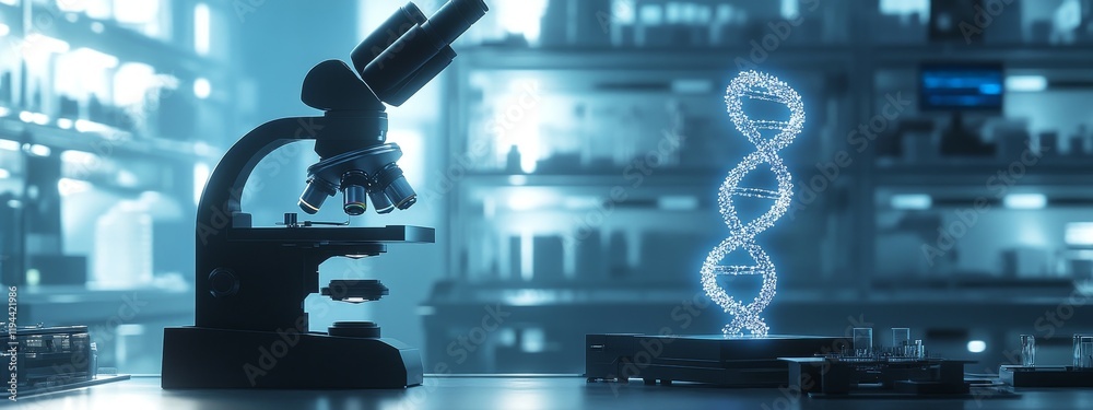 Poster Microscope and DNA helix in a modern laboratory.
