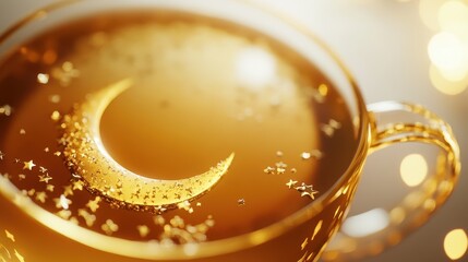 Golden crescent moon in a tea cup surrounded by sparkling stars and warm glow