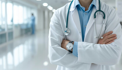 "Medical Expertise: Medium Shot of Professional Doctor in White Coat with Dark Green Stethoscope, Standing Confidently in Modern Hospital, Reflecting Professional Reliability"