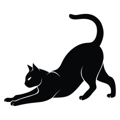 Silhouette of a Black Cat Stretching with Curved Tail, Elegant Vector Illustration  
