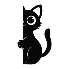 Silhouette of a Cute Black Cat Peeking from Behind a Wall, Adorable Vector Illustration  

