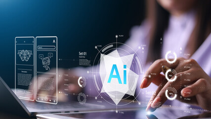 AI Artificial Intelligence. Businesswomen using AI technology for data analysis, coding computer language with digital brain, Programming Web Development Coding Concept.