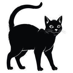 Silhouette of a Friendly Black Cat with Curved Tail and Alert Expression, Vector Illustration  
