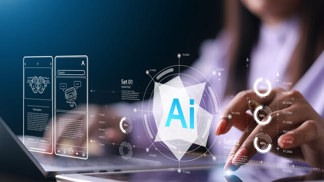 AI Artificial Intelligence. Businesswomen using AI technology for data analysis, coding computer language with digital brain, Programming Web Development Coding Concept.