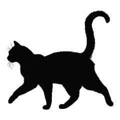 Silhouette of a Walking Black Cat with Raised Tail and Alert Expression, Vector Illustration  
