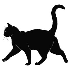 Silhouette of a Walking Black Cat with Raised Tail and Alert Expression, Vector Illustration  
