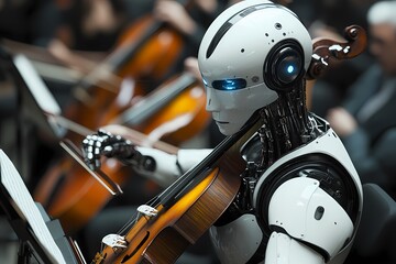 Fototapeta premium Robot musician performs at a concert with an orchestra in a modern auditorium setting