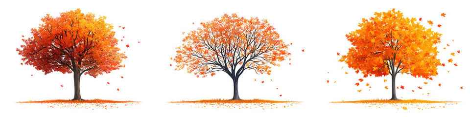Autumn Trees with Falling Leaves Isolated on Transparent Background