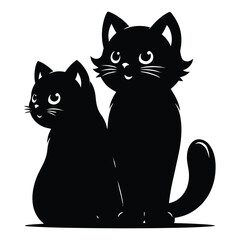 Silhouettes of Two Sitting Black Cats with Whiskers and Cute Expressions, Vector Illustration  
