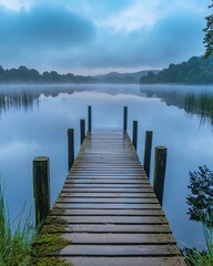 Serene Misty Lake Wooden Dock Tranquil Dawn Peaceful Nature Escape