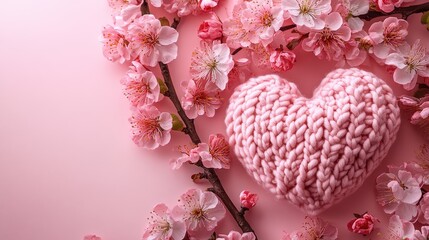Obraz premium Knitted heart and pink blossoms on pastel background