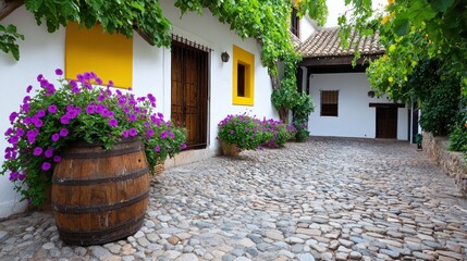 Naklejka premium Charming cobblestone pathway lined with flowers and greenery.