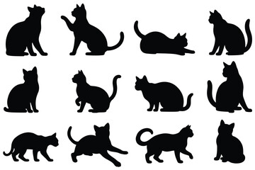 Collection of Black Cat Silhouettes in Various Poses, Sitting, Walking, and Playing, Vector Illustration  
