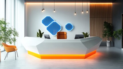 A clean and sophisticated hexagonal reception desk design with white base panels, bright orange highlights, and LED-lit blue accents for a modern, professional look