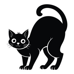 Obraz premium Playful Black Cat Silhouette with Curved Tail and Wide Eyes in a Stretching Pose, Vector Illustration 