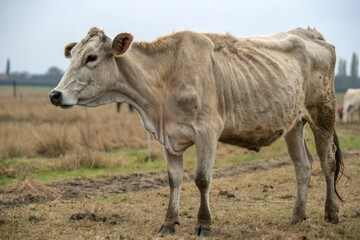 Thin cow standing in the field. Farm animal malnutrition