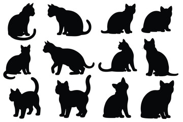 Set of Black Cat Silhouettes in Sitting, Standing, and Walking Poses, Vector Illustration  
