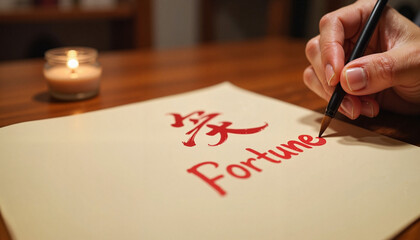 Calligraphy brush writing "Fortune" in Mandarin indoors, Lunar New Year