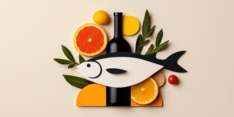A vibrant, artistic arrangement featuring a fish, wine bottle, and citrus fruits on a neutral background, evoking a fresh culinary theme.