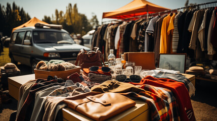 Car boot market, Selling clothing at out door flea market.