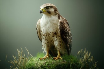 Obraz premium Photograph of a falcon, perched on a grass platform, with studio lighting, professional photography, neutral background, full-body shot, hyper-realistic details, sharp focus, 