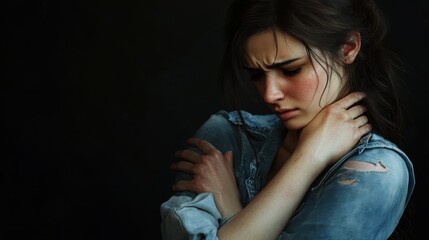 Naklejka premium Young woman in distressed denim shirt looking pensive against dark background